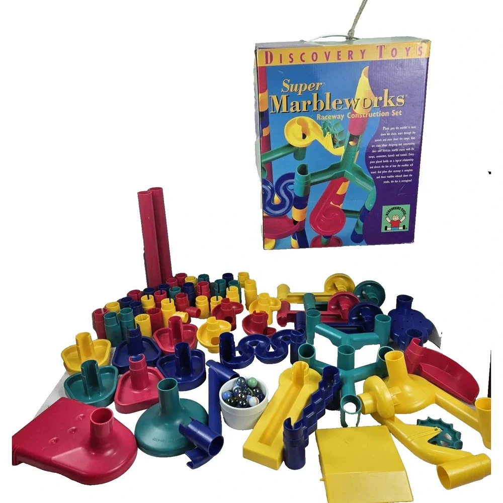 Vtg 1997 Discovery Toys Super Marbleworks Raceway Box COMPLETE 59pc + 50 Marbles